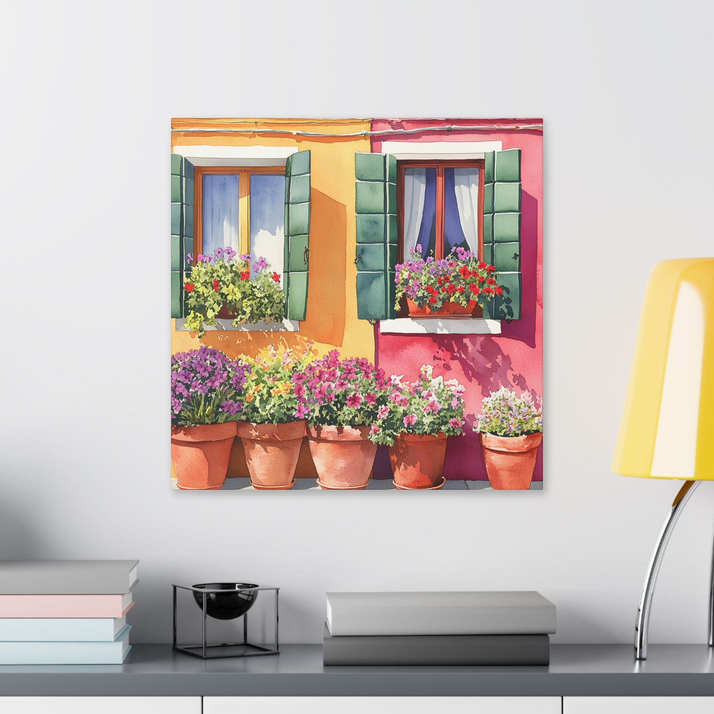 Burano Flower Pots and Bright Windows Canvas